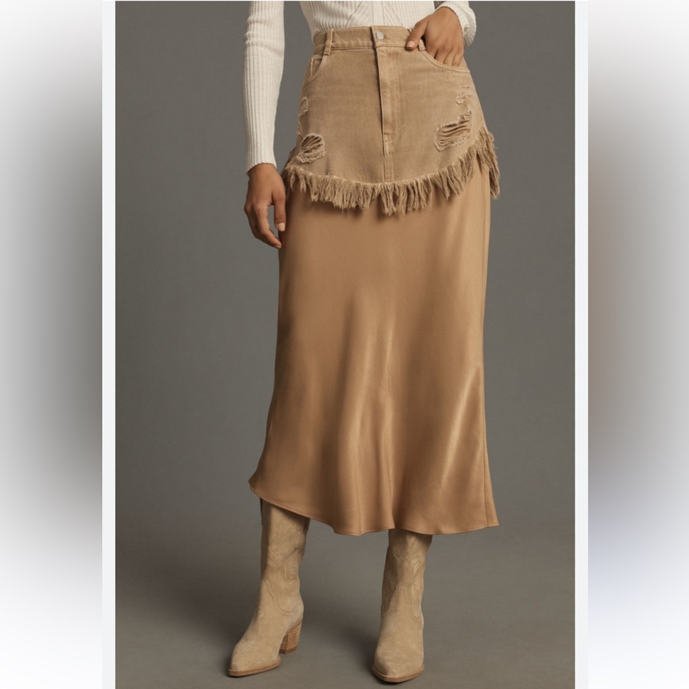 Pilcro Camel Twofer Slip Midi Skirk with Denim Fringed Overlay NWOT - Picture 3 of 6